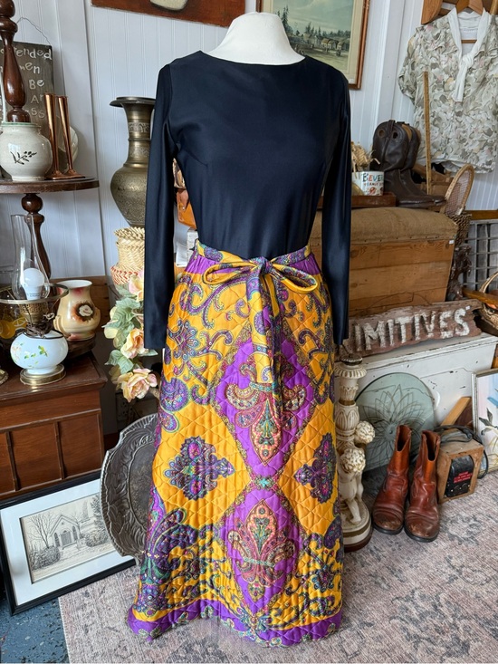 Vintage Dresses & Skirts - 1960s Yellow & Purple Paisley Quilted Maxi Dress with Tie